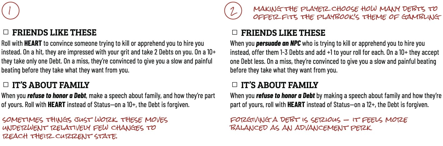 An annotated comparison of two other Jockey moves: "friends like these" and "it's about family"